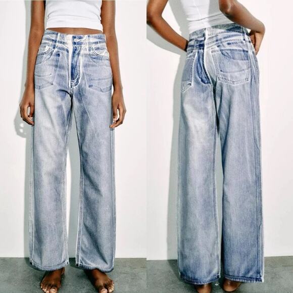 ZARA Woman TRF Mid-Rise Wide Leg Loose Fit Foil Jeans Blue White (Sz 4) - Picture 1 of 12